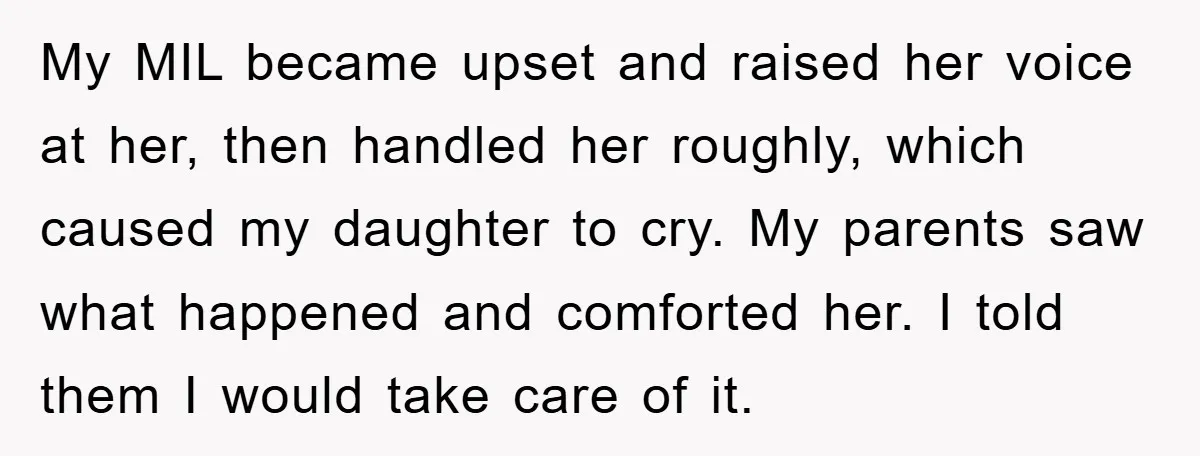 My MIL became upset and raised her voice at her, then handled her roughly, which caused my daughter to cry. My parents saw what happened and comforted her. I told...
