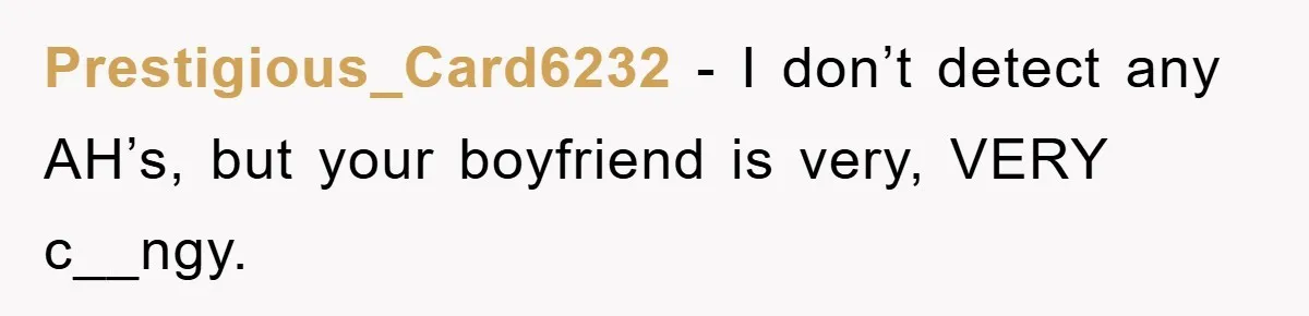 Prestigious_Card6232 − I don’t detect any AH’s, but your boyfriend is very, VERY c__ngy.