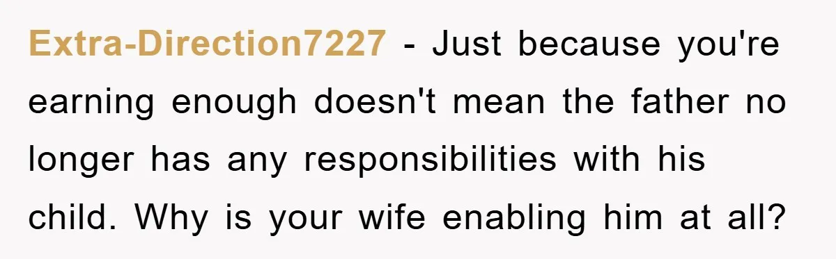 Extra-Direction7227 − Just because you're earning enough doesn't mean the father no longer has any responsibilities with his child. Why is your wife enabling him at all?