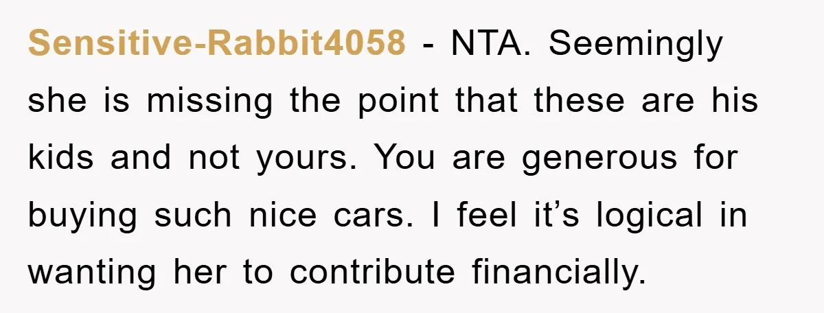 Sensitive-Rabbit4058 − NTA. Seemingly she is missing the point that these are his kids and not yours. You are generous for buying such nice cars. I feel it’s logical in...