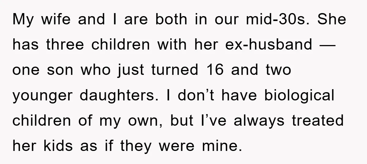 My wife and I are both in our mid-30s. She has three children with her ex-husband — one son who just turned 16 and two younger daughters. I don’t have...