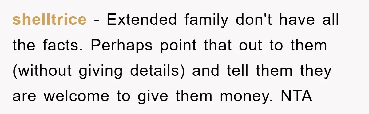 shelltrice − Extended family don't have all the facts. Perhaps point that out to them (without giving details) and tell them they are welcome to give them money. NTA