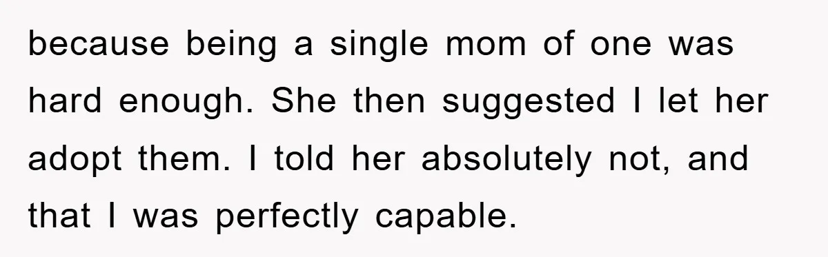 because being a single mom of one was hard enough. She then suggested I let her adopt them. I told her absolutely not, and that I was perfectly capable.
