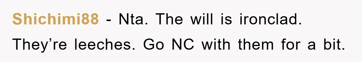 Shichimi88 − Nta. The will is ironclad. They’re leeches. Go NC with them for a bit.
