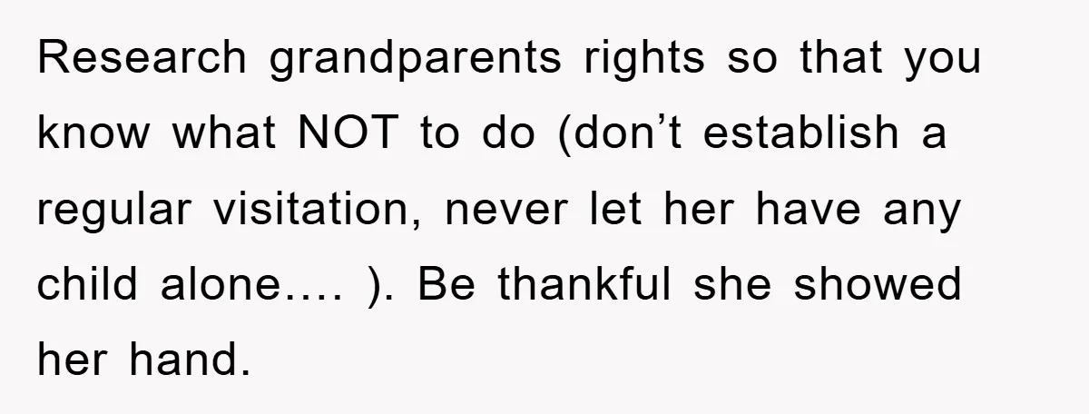 Research grandparents rights so that you know what NOT to do (don’t establish a regular visitation, never let her have any child alone…. ). Be thankful she showed her hand.