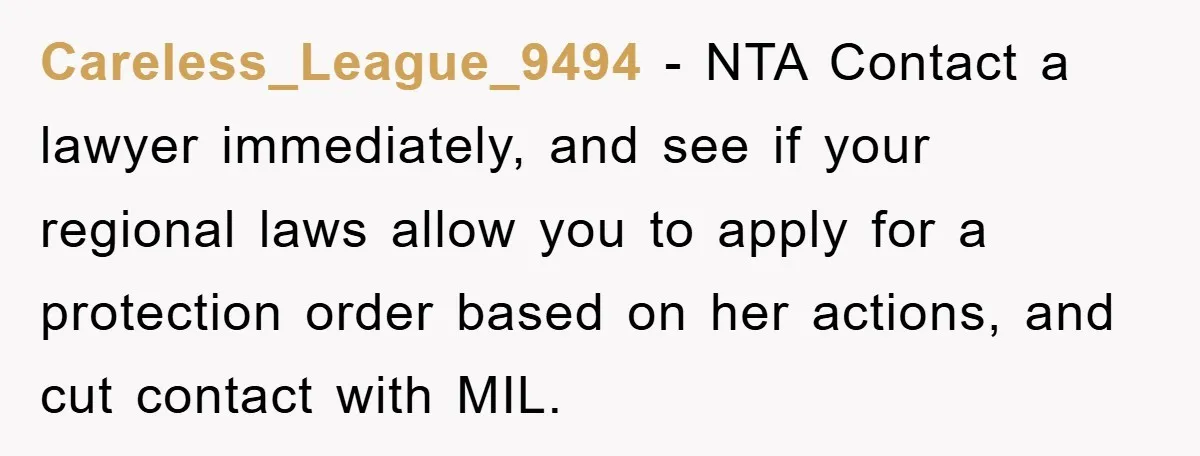 Careless_League_9494 − NTA Contact a lawyer immediately, and see if your regional laws allow you to apply for a protection order based on her actions, and cut contact with MIL.