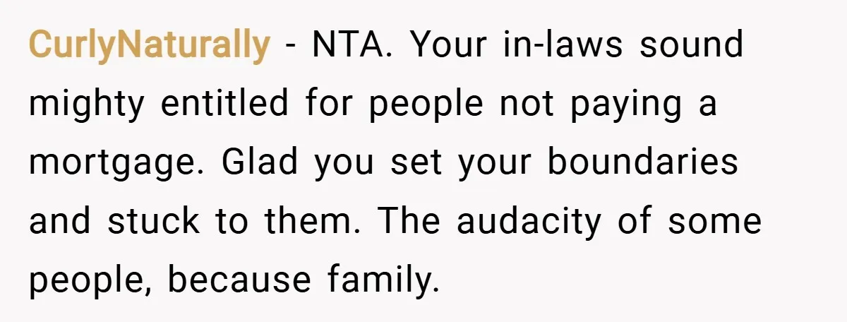 CurlyNaturally − NTA. Your in-laws sound mighty entitled for people not paying a mortgage. Glad you set your boundaries and stuck to them. The audacity of some people, because family.