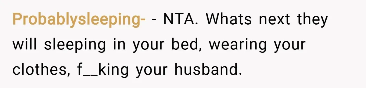 Probablysleeping- − NTA. Whats next they will sleeping in your bed, wearing your clothes, f__king your husband.