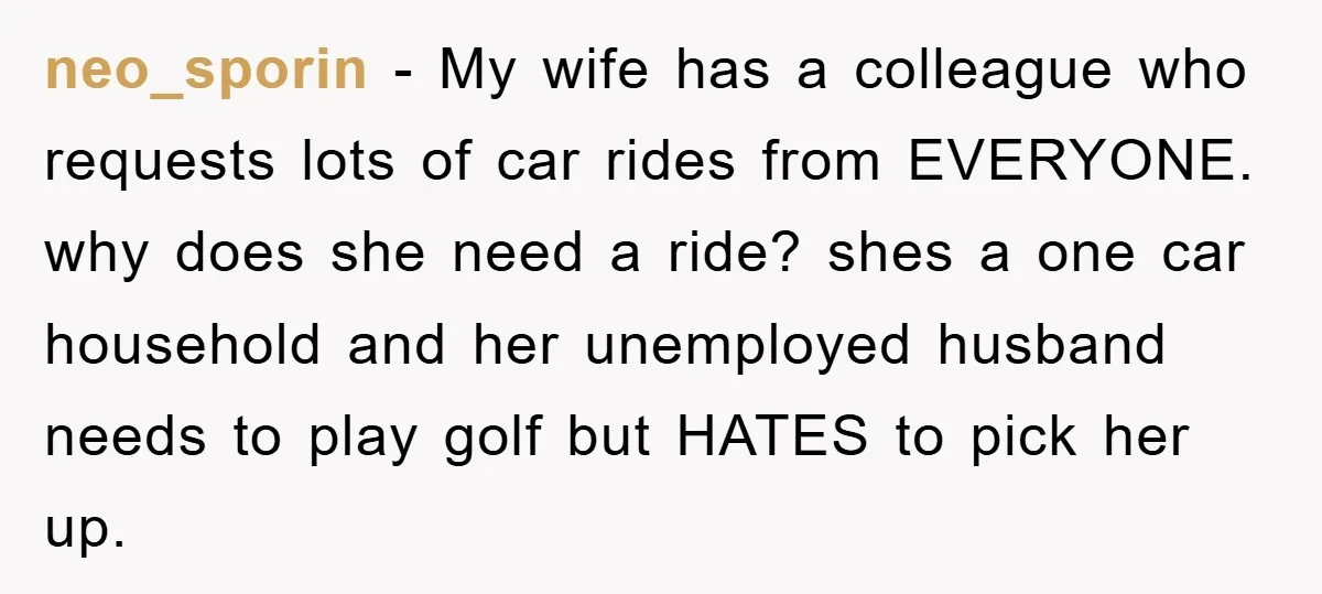 neo_sporin - My wife has a colleague who requests lots of car rides from EVERYONE. why does she need a ride? shes a one car household and her unemployed husband...
