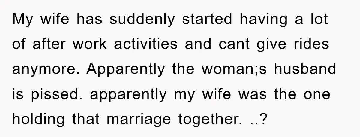 My wife has suddenly started having a lot of after work activities and cant give rides anymore. Apparently the woman;s husband is pissed. apparently my wife was the one holding...