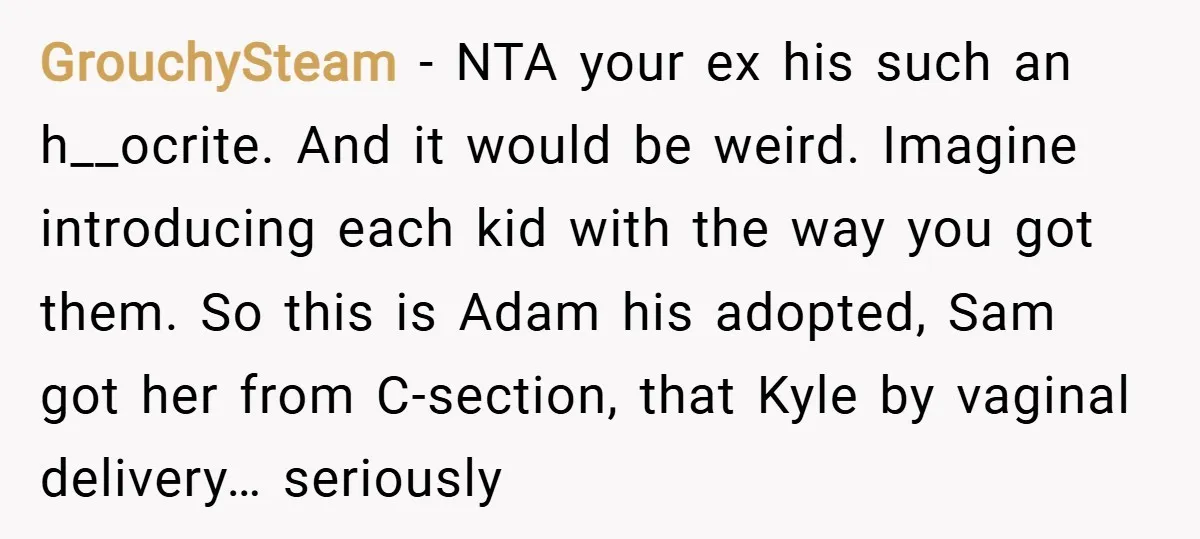GrouchySteam − NTA your ex his such an h__ocrite. And it would be weird. Imagine introducing each kid with the way you got them. So this is Adam his adopted,...