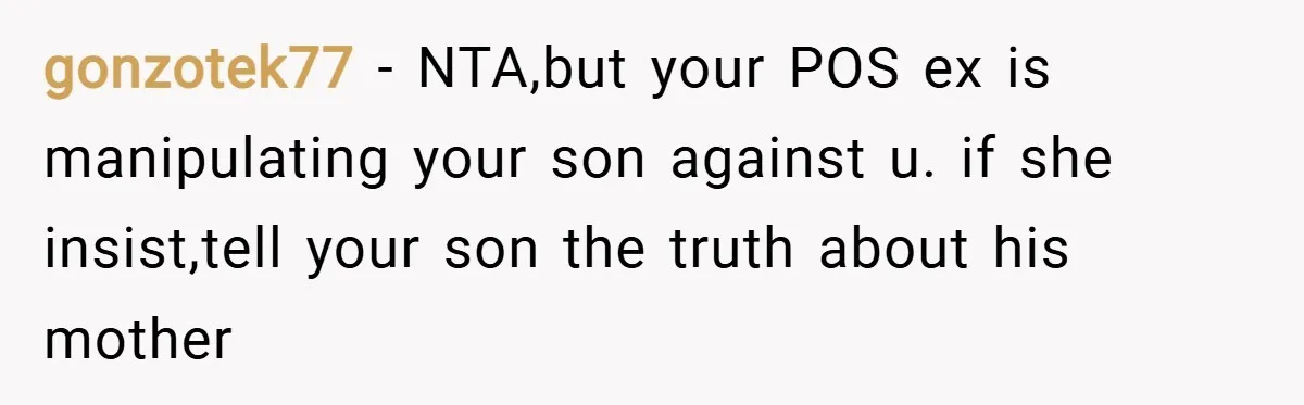 gonzotek77 − NTA,but your POS ex is manipulating your son against u. if she insist,tell your son the truth about his mother