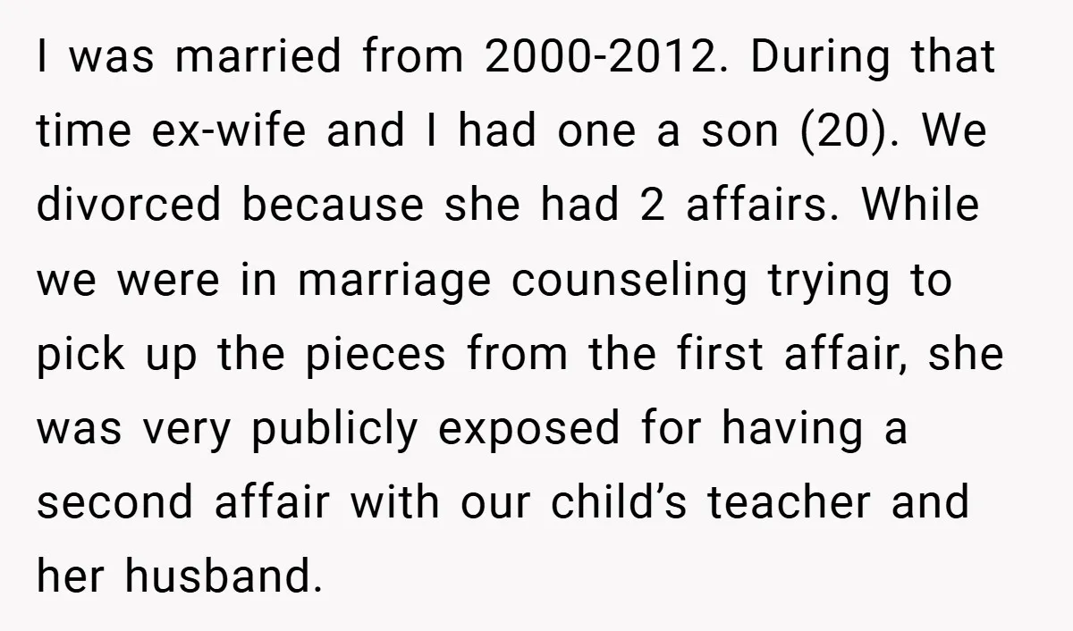 I was married from 2000-2012. During that time ex-wife and I had one a son (20). We divorced because she had 2 affairs. While we were in marriage counseling trying...