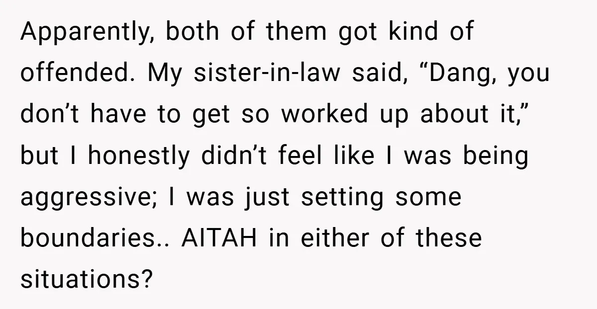 Apparently, both of them got kind of offended. My sister-in-law said, “Dang, you don’t have to get so worked up about it,” but I honestly didn’t feel like I was...