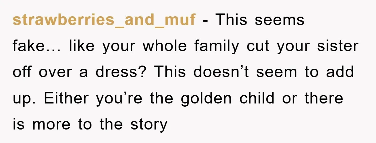 strawberries_and_muf − This seems fake… like your whole family cut your sister off over a dress? This doesn’t seem to add up. Either you’re the golden child or there is...