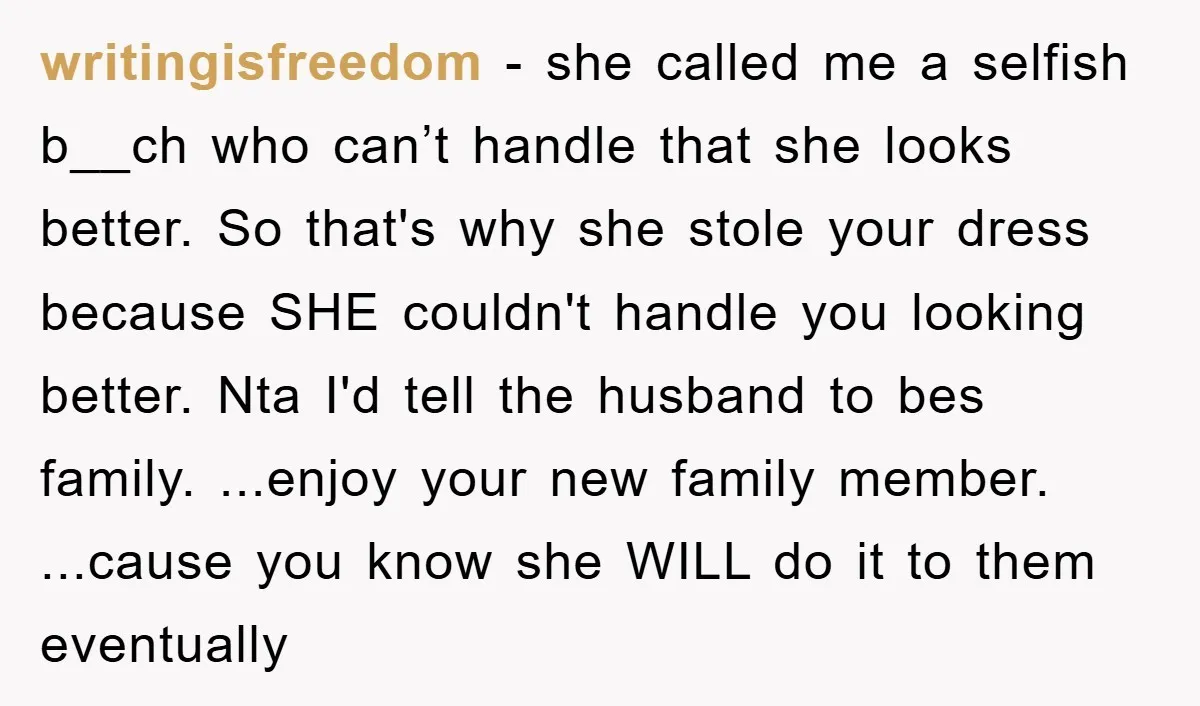 writingisfreedom − she called me a selfish b__ch who can’t handle that she looks better. So that's why she stole your dress because SHE couldn't handle you looking better. Nta...