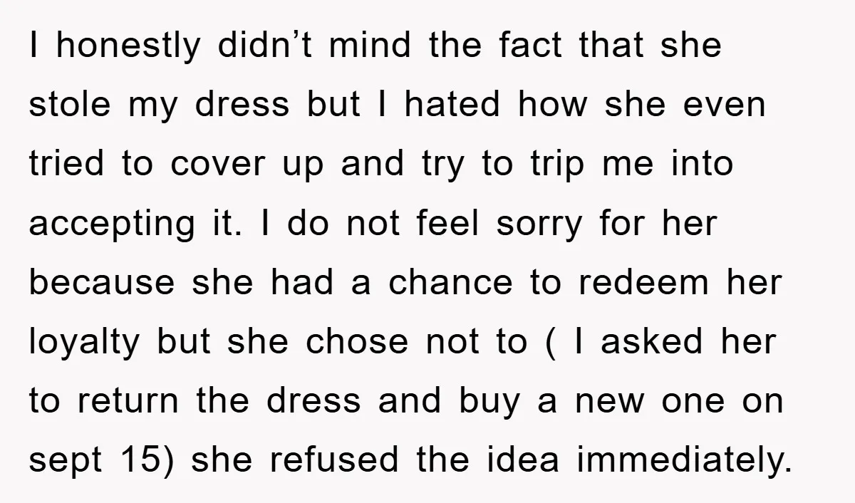 I honestly didn’t mind the fact that she stole my dress but I hated how she even tried to cover up and try to trip me into accepting it. I...