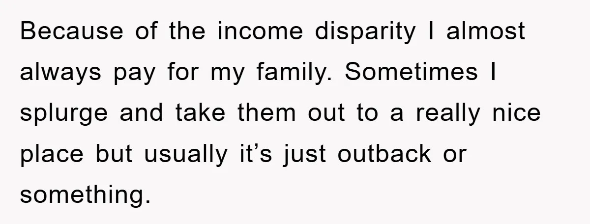 Because of the income disparity I almost always pay for my family. Sometimes I splurge and take them out to a really nice place but usually it’s just outback or...