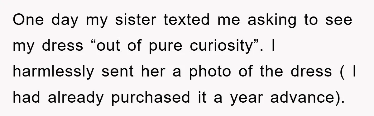 One day my sister texted me asking to see my dress “out of pure curiosity”. I harmlessly sent her a photo of the dress ( I had already purchased it...