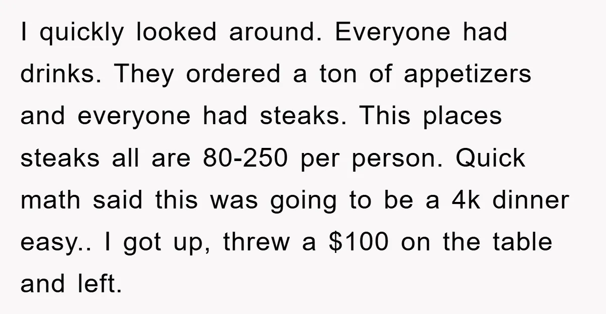I quickly looked around. Everyone had drinks. They ordered a ton of appetizers and everyone had steaks. This places steaks all are 80-250 per person. Quick math said this was...