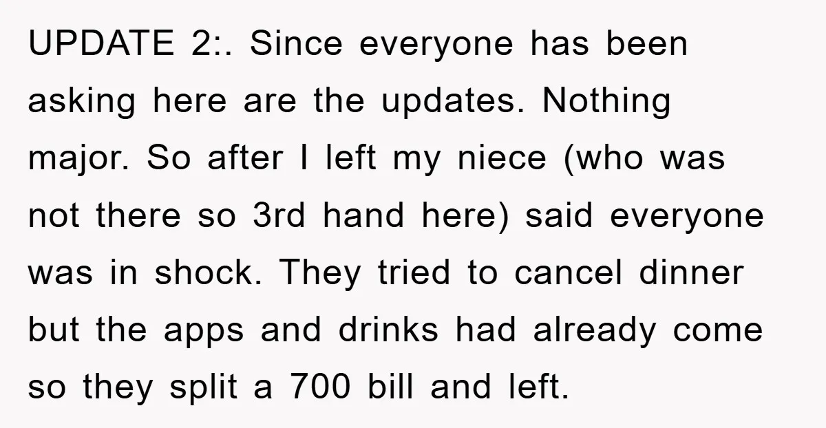 UPDATE 2:. Since everyone has been asking here are the updates. Nothing major. So after I left my niece (who was not there so 3rd hand here) said everyone was...