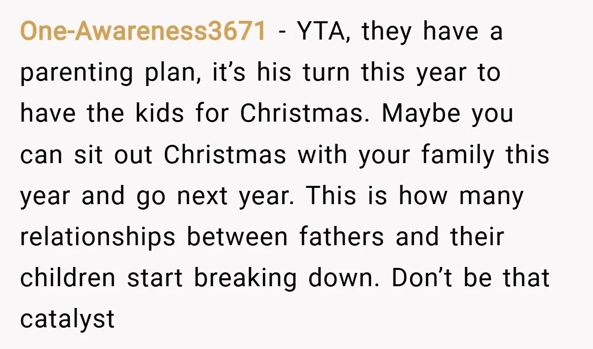 One-Awareness3671 − YTA, they have a parenting plan, it’s his turn this year to have the kids for Christmas. Maybe you can sit out Christmas with your family this year...