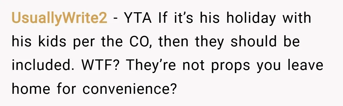 UsuallyWrite2 − YTA If it’s his holiday with his kids per the CO, then they should be included. WTF? They’re not props you leave home for convenience?