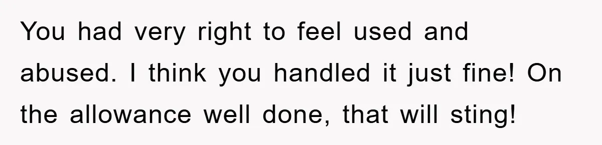 You had very right to feel used and abused. I think you handled it just fine! On the allowance well done, that will sting!