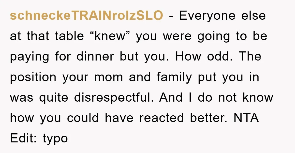 schneckeTRAINrolzSLO − Everyone else at that table “knew” you were going to be paying for dinner but you. How odd. The position your mom and family put you in was...