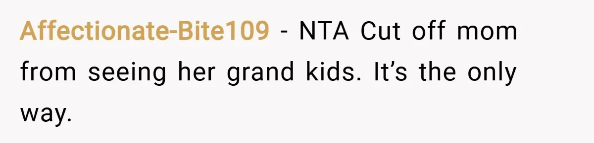 Affectionate-Bite109 − NTA Cut off mom from seeing her grand kids. It’s the only way.