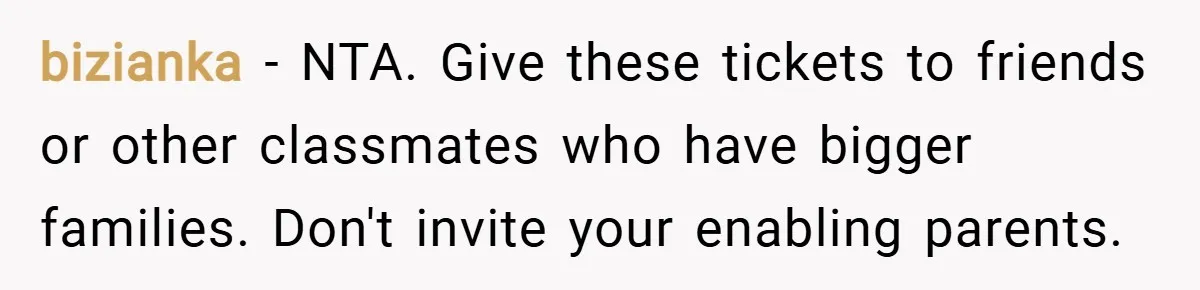 bizianka − NTA. Give these tickets to friends or other classmates who have bigger families. Don't invite your enabling parents.