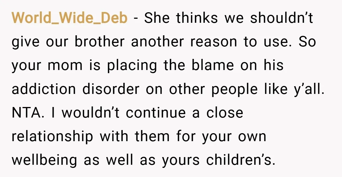 World_Wide_Deb − She thinks we shouldn’t give our brother another reason to use. So your mom is placing the blame on his addiction disorder on other people like y’all. NTA....