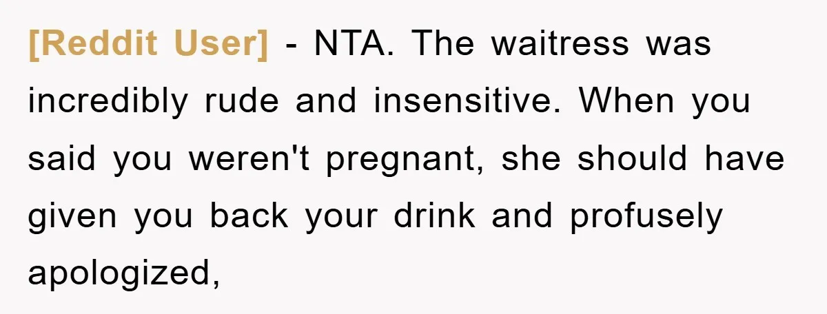 [Reddit User] − NTA. The waitress was incredibly rude and insensitive. When you said you weren't pregnant, she should have given you back your drink and profusely apologized,