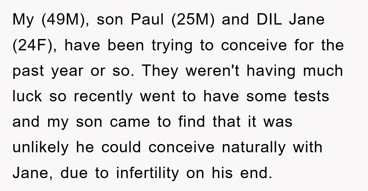 My (49M), son Paul (25M) and DIL Jane (24F), have been trying to conceive for the past year or so. They weren't having much luck so recently went to have...