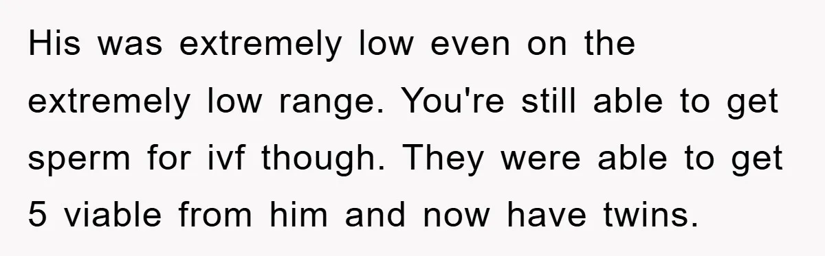 His was extremely low even on the extremely low range. You're still able to get sperm for ivf though. They were able to get 5 viable from him and now...