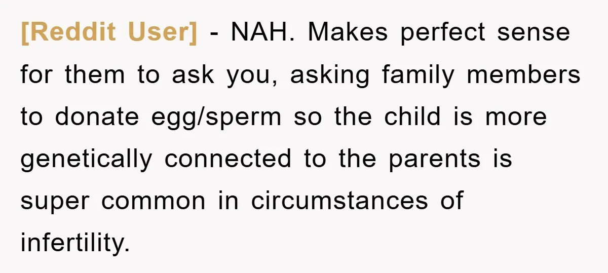 [Reddit User] − NAH. Makes perfect sense for them to ask you, asking family members to donate egg/sperm so the child is more genetically connected to the parents is super...