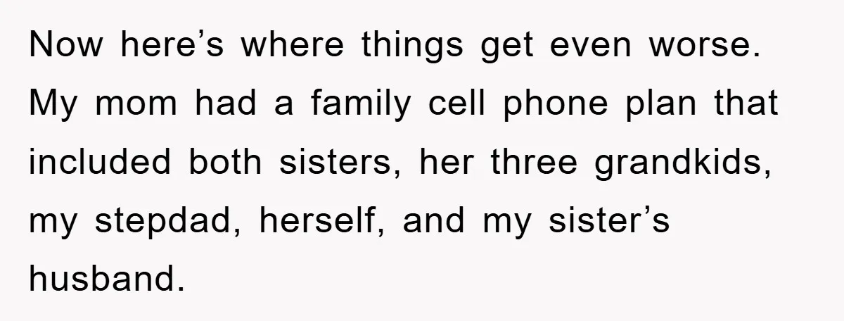Now here’s where things get even worse. My mom had a family cell phone plan that included both sisters, her three grandkids, my stepdad, herself, and my sister’s husband.