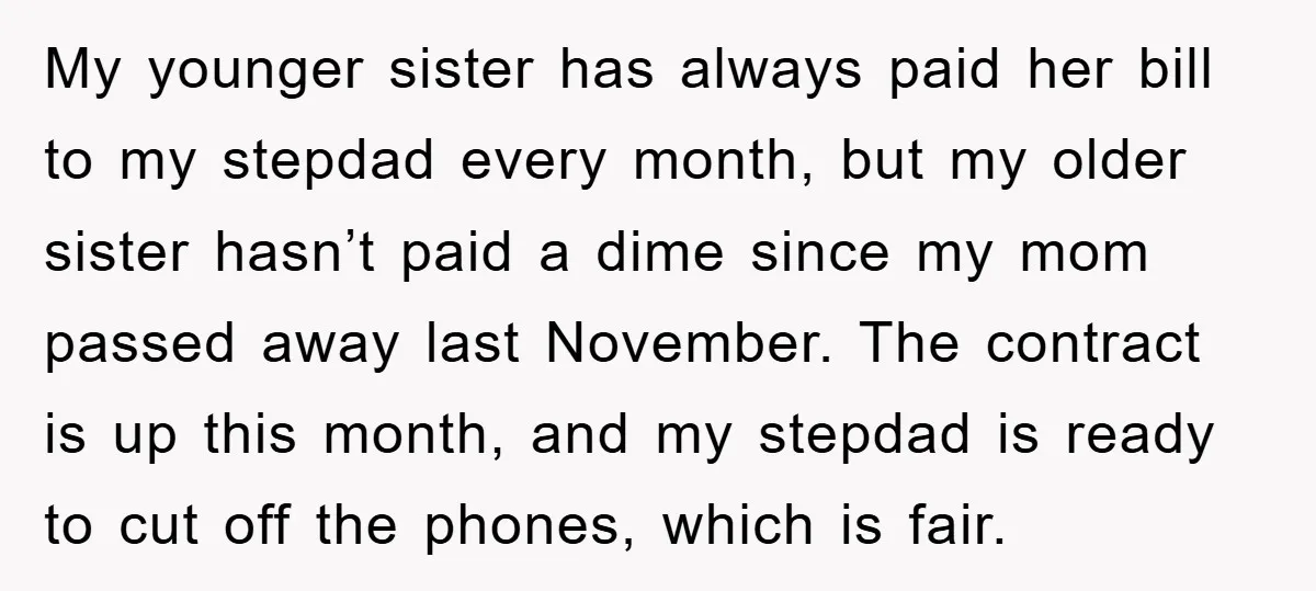 My younger sister has always paid her bill to my stepdad every month, but my older sister hasn’t paid a dime since my mom passed away last November. The contract...