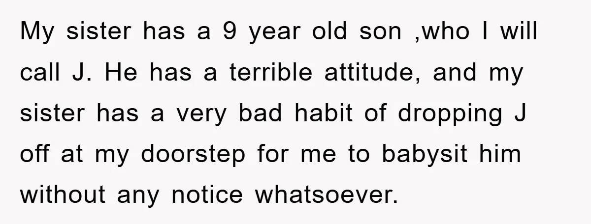 My sister has a 9 year old son ,who I will call J. He has a terrible attitude, and my sister has a very bad habit of dropping J off...