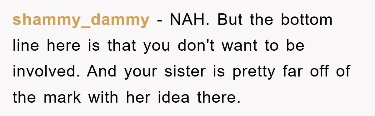 shammy_dammy − NAH. But the bottom line here is that you don't want to be involved. And your sister is pretty far off of the mark with her idea there.