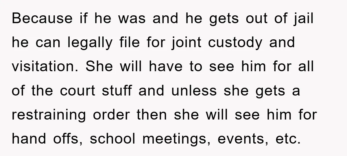 Because if he was and he gets out of jail he can legally file for joint custody and visitation. She will have to see him for all of the court...