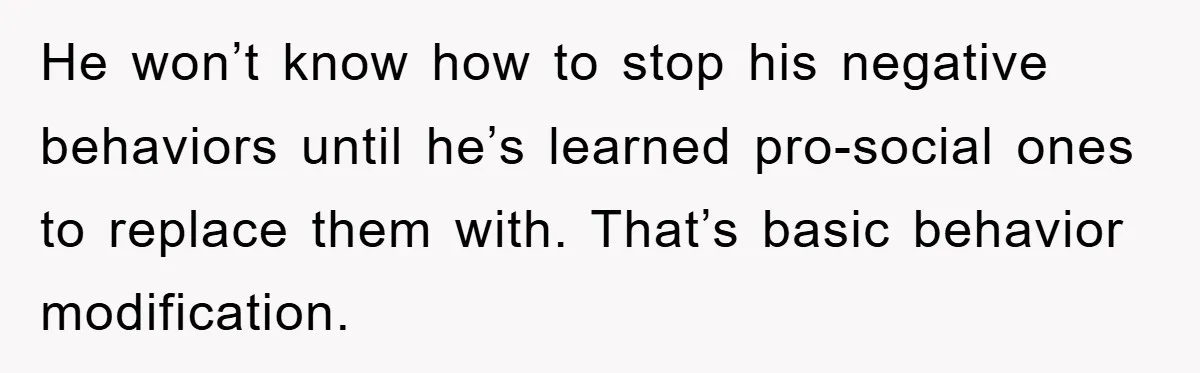He won’t know how to stop his negative behaviors until he’s learned pro-social ones to replace them with. That’s basic behavior modification.