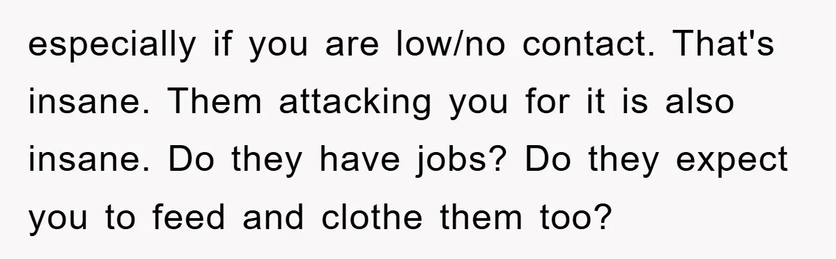 especially if you are low/no contact. That's insane. Them attacking you for it is also insane. Do they have jobs? Do they expect you to feed and clothe them too?