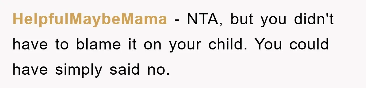 HelpfulMaybeMama − NTA, but you didn't have to blame it on your child. You could have simply said no.
