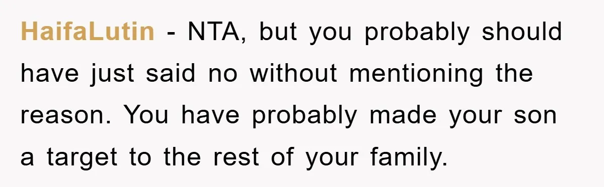 HaifaLutin − NTA, but you probably should have just said no without mentioning the reason. You have probably made your son a target to the rest of your family.