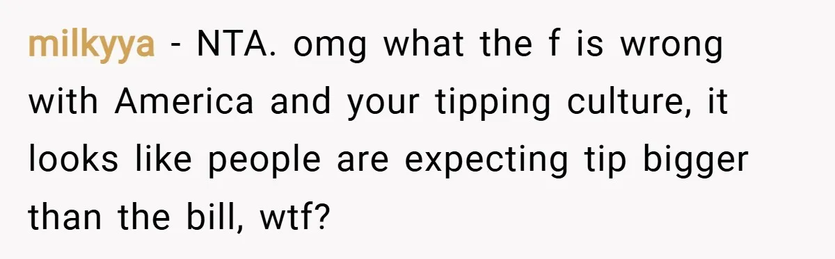 milkyya − NTA. omg what the f is wrong with America and your tipping culture, it looks like people are expecting tip bigger than the bill, wtf?