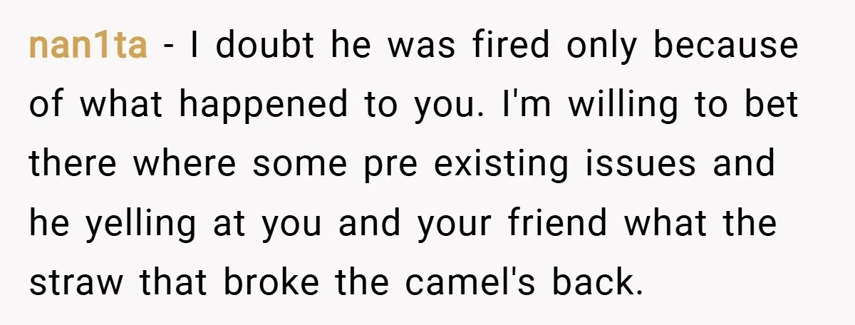 nan1ta − I doubt he was fired only because of what happened to you. I'm willing to bet there where some pre existing issues and he yelling at you and...