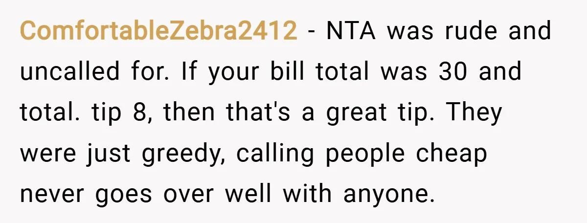 ComfortableZebra2412 − NTA was rude and uncalled for. If your bill total was 30 and total. tip 8, then that's a great tip. They were just greedy, calling people cheap...