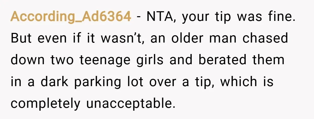 According_Ad6364 − NTA, your tip was fine. But even if it wasn’t, an older man chased down two teenage girls and berated them in a dark parking lot over a...