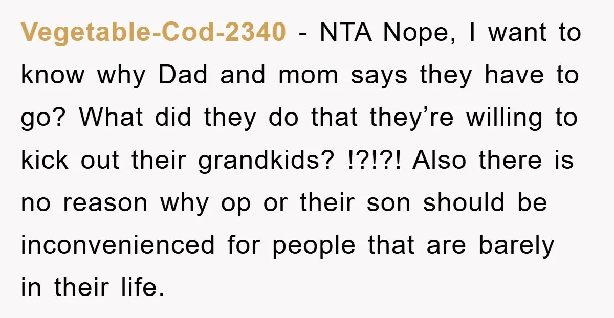 Vegetable-Cod-2340 − NTA Nope, I want to know why Dad and mom says they have to go? What did they do that they’re willing to kick out their grandkids? !?!?!...